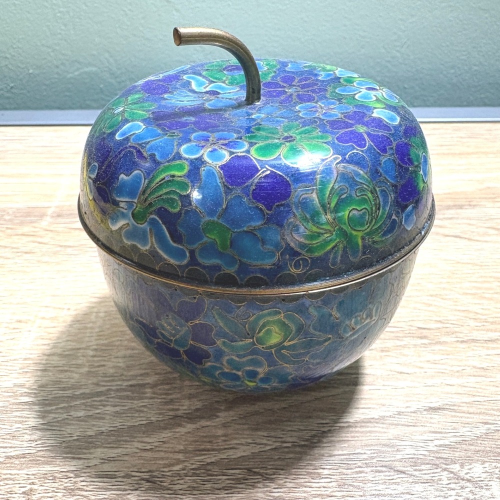 Vintage Cloisonne Enamel Apple Trinket Box Blue Green Floral Brass Stem 3"